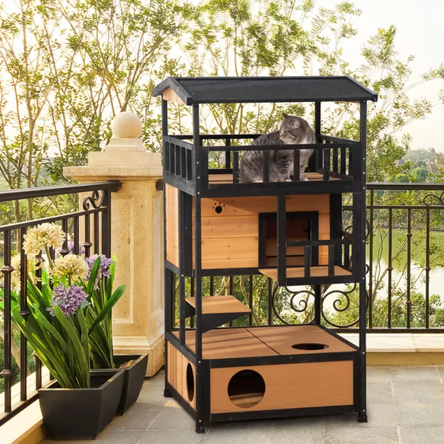 Wooden Outdoor Cat House 3-Tier Kitten Shelter Lodge w/ Terrace Jump Step