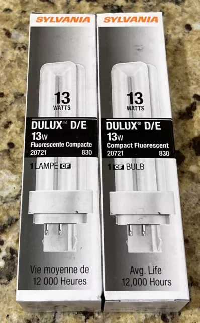 (2)- SYLVANIA DULUX D/E 13W Compact Fluorescent 20721 830 12,000 Hours Lamps NOS