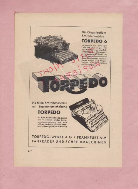 FRANKFURT/M., Werbung 1935, Torpedo-Werke AG Schreibmaschine