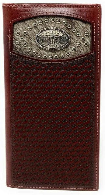 Western Men's Basketweave Genuine Leather Longhorn Long Cowhide Stud Bifold Wall