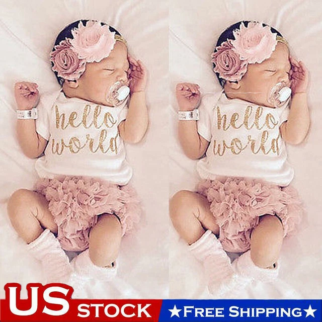 Newborn Baby Girl Hello World Romper Jumpsuit Bodysuit Headband Clothes Outfit