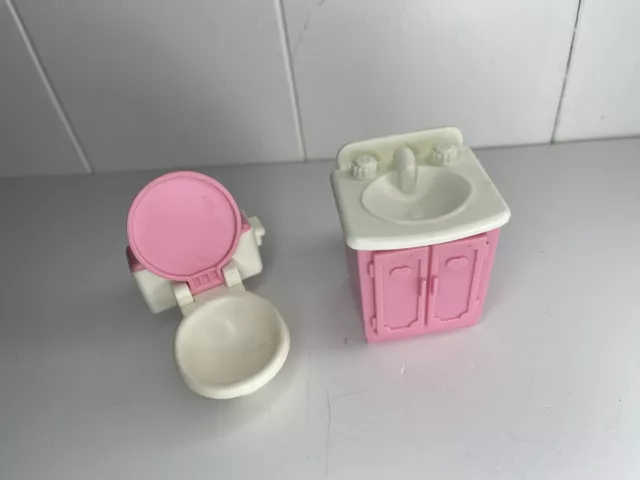 Vintage BATHROOM SINK & TOILET Pink & White Fisher-Price Loving Family Dollhouse