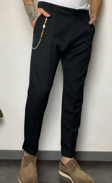 Pantaloni Uomo Chino Slim Fit Eleganti Neri Morbidi Con Catenina Made In Italy