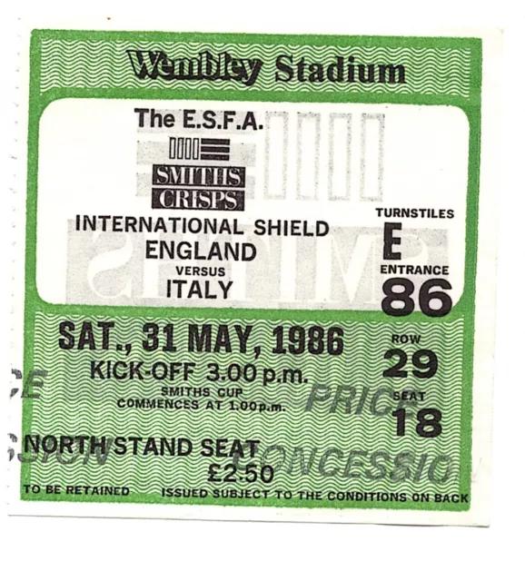 England V Italy  1986 E.s.f.a. Smiths Crips International Shield Match Ticket