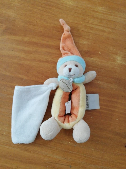 Doudou Babynat Hochet Ours Jaune Orange Bleu Mouchoir Blanc Grelot