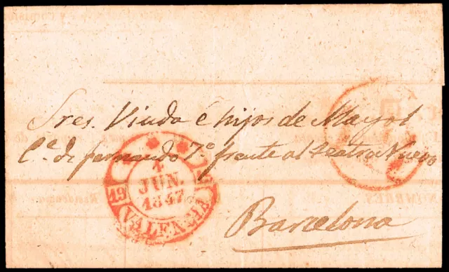 Valencia - Prefilatelia - PE 26R-II - 1847 - Carta a Barcelona + porteo "1R"