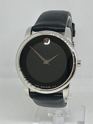 Movado Men's Silver Black Dial Leather Museum Classic Swiss Watch 0606502