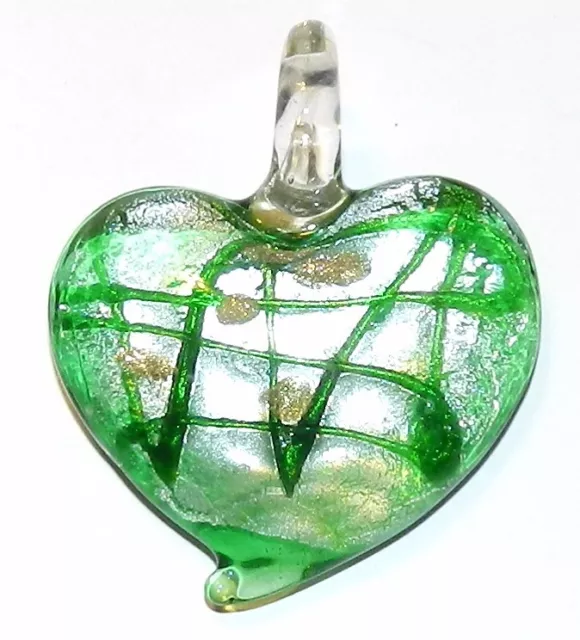 P1257 Green Swirl Silver Foil w Gold Sparkle Heart 45mm Lampwork Glass Pendant