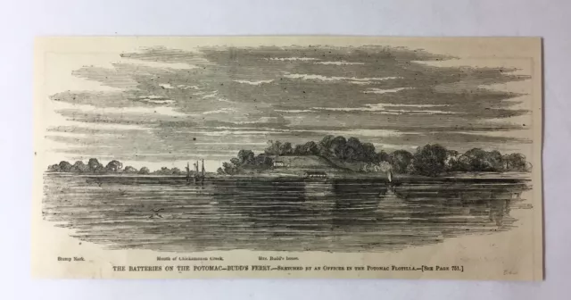 1861 magazine engraving~ Batteries On The Potomac BUDD'S FERRY