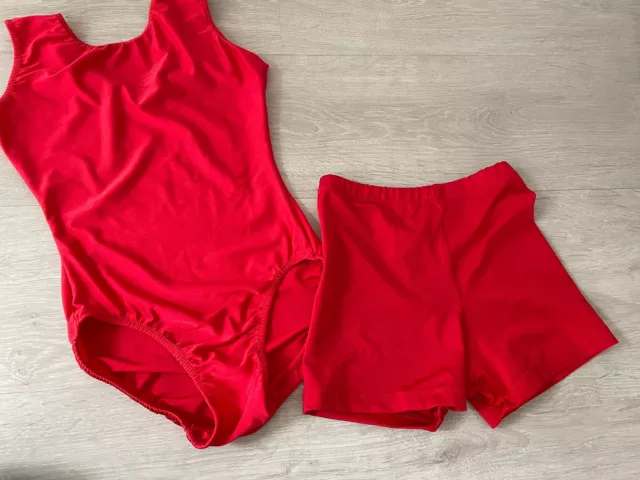 Girls Gymnastics Dance Red Leotard & Short Set Age 11 - 13 Size 32”