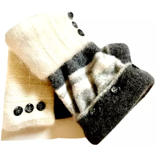 Fingerless Gloves Gray Ivory Angora Wool Xl Extra-Large Mittens Arm Warmers Cuff