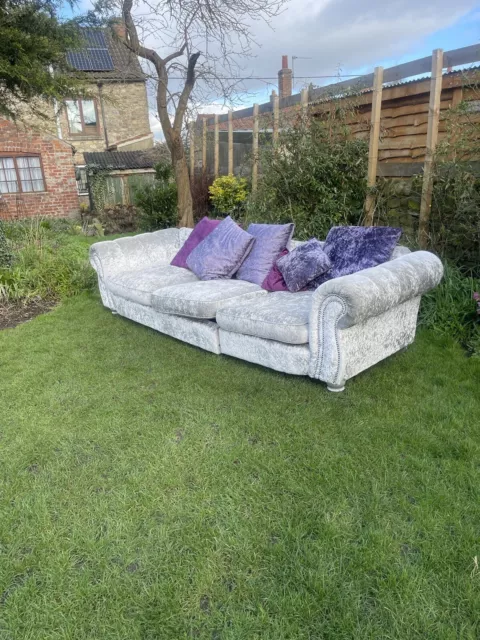 Large Crushed Silver / Grey Velvet Chesterfield Sofa Large 3 Seater Sofa Purple 2