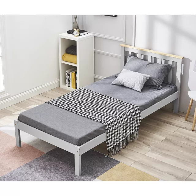 Single Bed Frame 3FT Solid Pine Wood Bed Kids, Teenager,White, 90 * 190cm