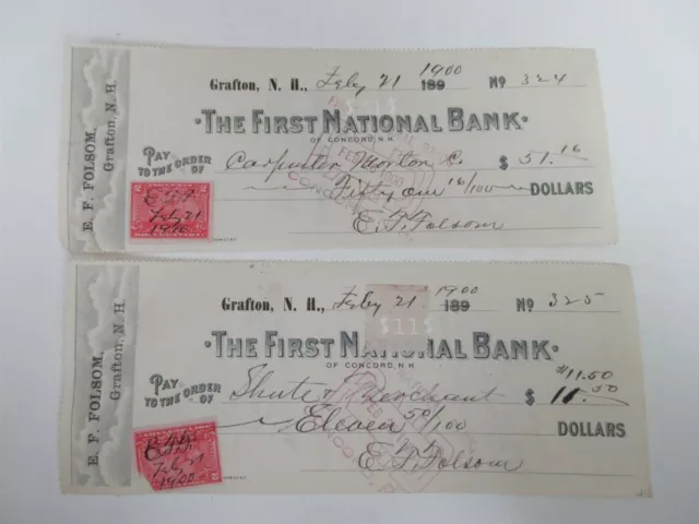 2c documentary stamp revenue 1900 check First National Bank Grafton NH lot of 2