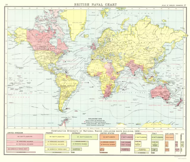 British Global Naval Chart - Newnes 1907 - 23.00 x 27.08