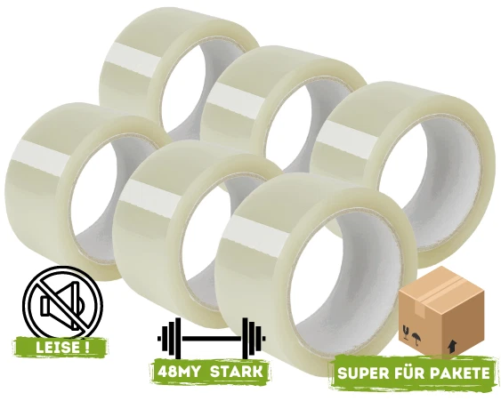 6x Klebeband Packband Paketband 48my 50mm x 66m Kartonkleber transparent LEISE