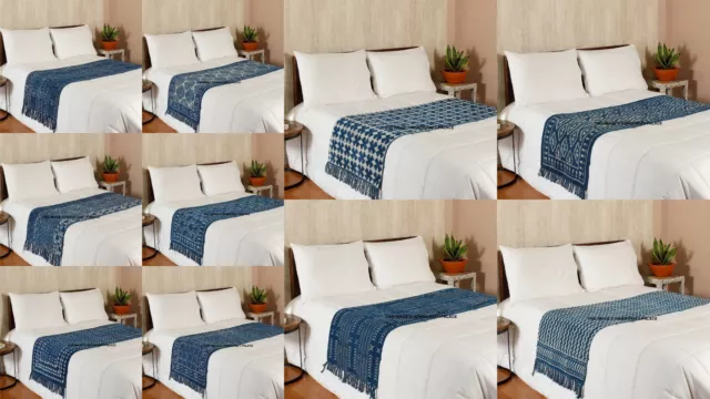 5PC Lote Indio Running Azul Bloque Algodón Estampado Corredor Mesa Manta Cama