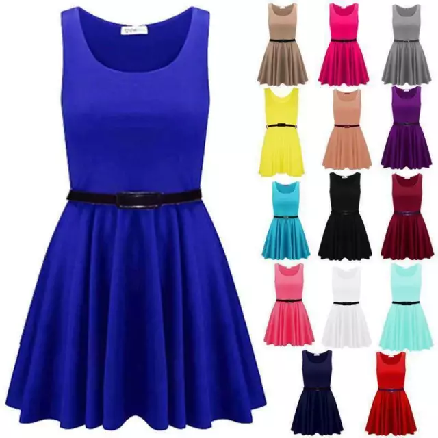 Womans Sleeveless Belted Skater Ladies Dress Shift Style Mini Knee Length 8-26