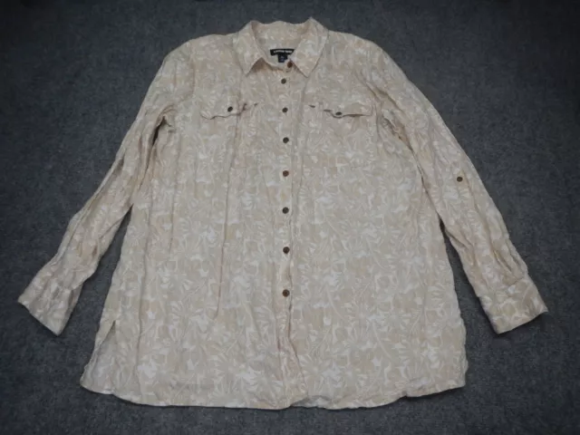 Lands' End Linen Button Up Shirt Womens XL Extra Large Beige Tan Floral Top