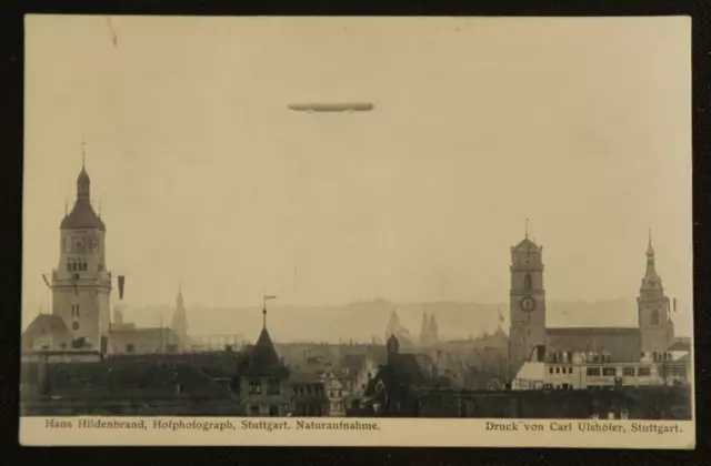 Zeppelin over Stuttgart 1908 Blimp Airship RPPC Postcard Hans Hildenbrand