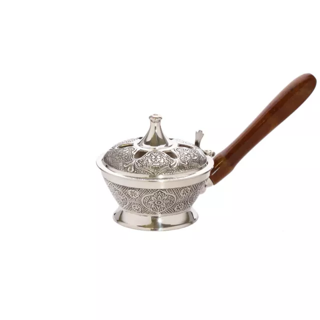 Ornate charcoal resin censer wooden handle plated brass incense burner new 1543