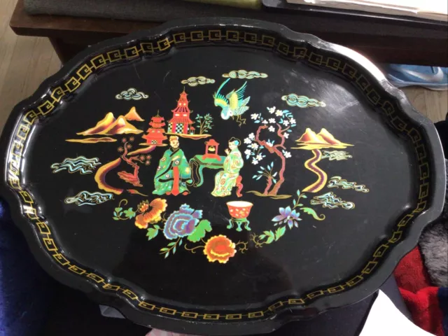 VTG Baret Ware Black toleware tray chinoiserie Asian Oriental Garden England