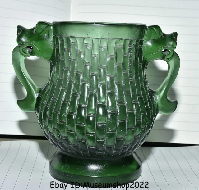 6" Old Chinese Hongshan Culture Green Crystal Carving 2 Dragon Ears Bottle Vase