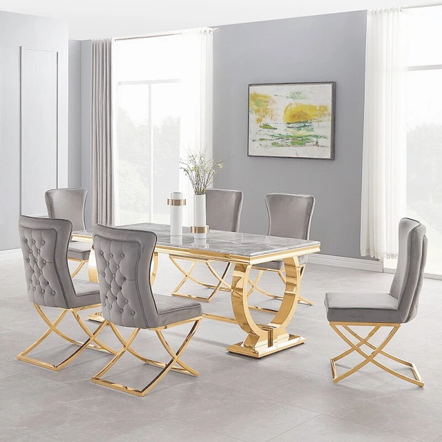 Table à Manger Beliani ATTICA - Effet Marbre Blanc, Doré, Verre Et Acier, 120x70 Cm, Pieds En X