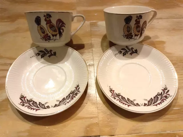 Vintage Japan Cup And Saucer Plater 2x Set White Floral Rooster Stamp