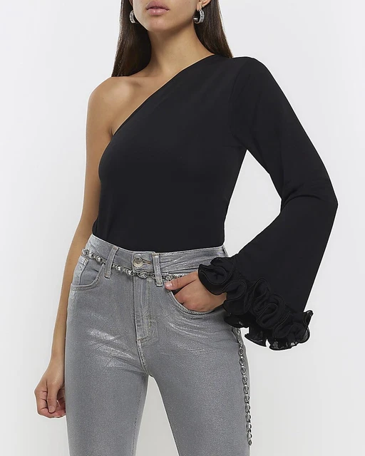 Top Femme River Island Aubergine - Manches Longues, Stretch, Taille 14, Neuf Sans étiquette