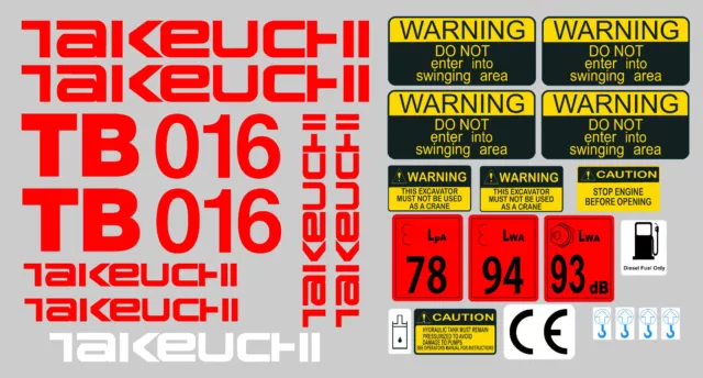 Takeuchi Tb016  Mini Digger Complete Decal Sticker Set With Safety Warning Signs