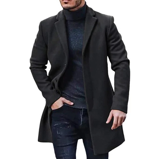 Woolen Mens Fomal Button Outwear Trench Coat Winter Lapel Long Jacket Overcoat