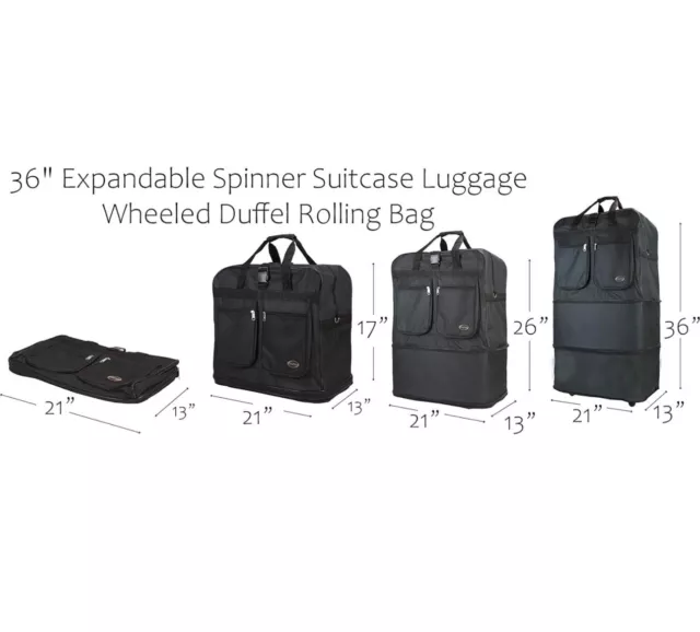 36"Black Expandable Rolling Duffel Bag Wheeled Spinner Suitcase Luggage