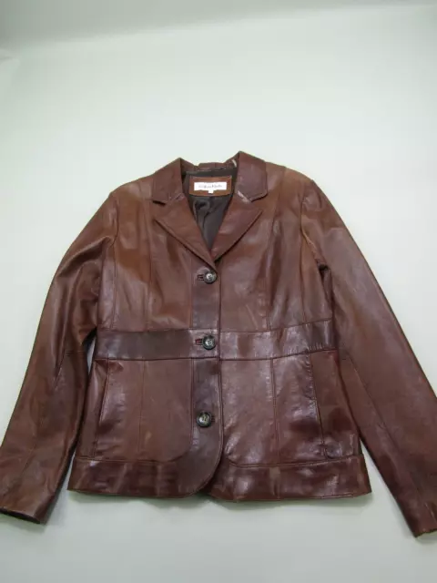 Calvin Klein Leather Blazer Jacket Womens Large Brown Button Down Preppy Casual