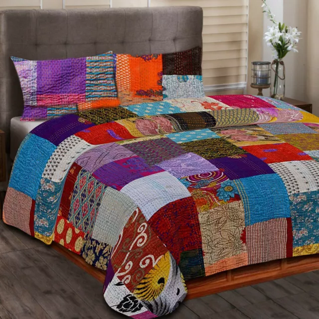 Indian beautiful silk patola kantha king quilt bedspread throw patchwork blanket