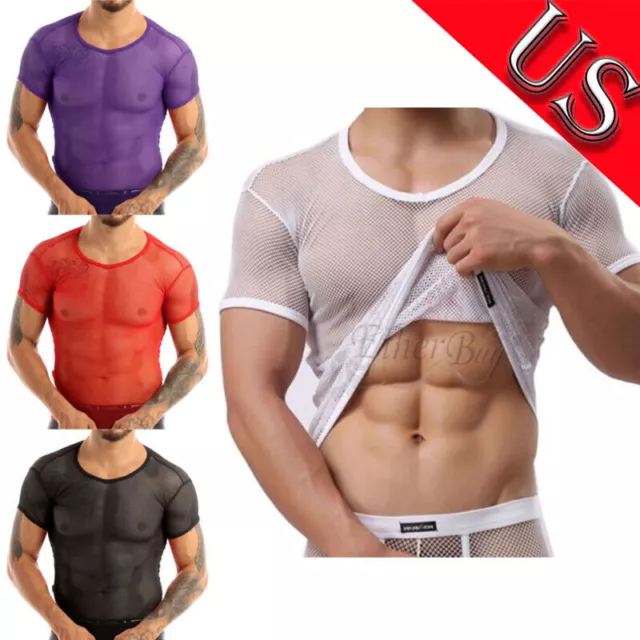 US Men Mesh T-Shirt Tops Fishnet Short Sleeve See Through Undershirts Clubwear