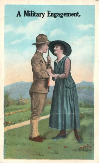 Vintage Postcard 1920's A Military Engagement Soldier Husband & Wife Artwork