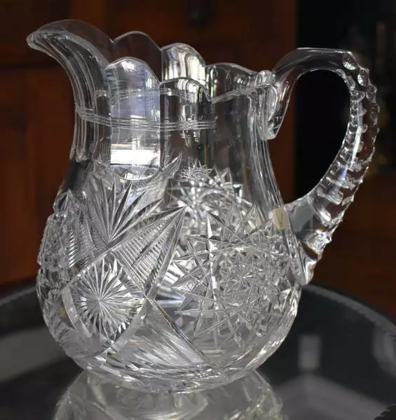 Lovely Hawkes American Brilliant Period Star Motif Large Faceted Handled Pitcher