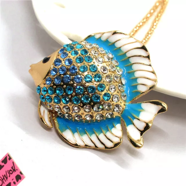 Fashion Women Blue Enamel Cute Tropical Fish Crystal Pendant Chain Necklace