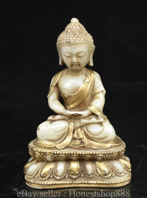 6.4 " Old Tibet Buddhism White Jade Gilt Shakyamuni Sakyamuni Buddha Statue