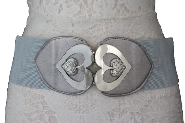 Neuf Femme Ceinture Mode Gris Bande Élastique Hip Taille Argent Coeur Métal