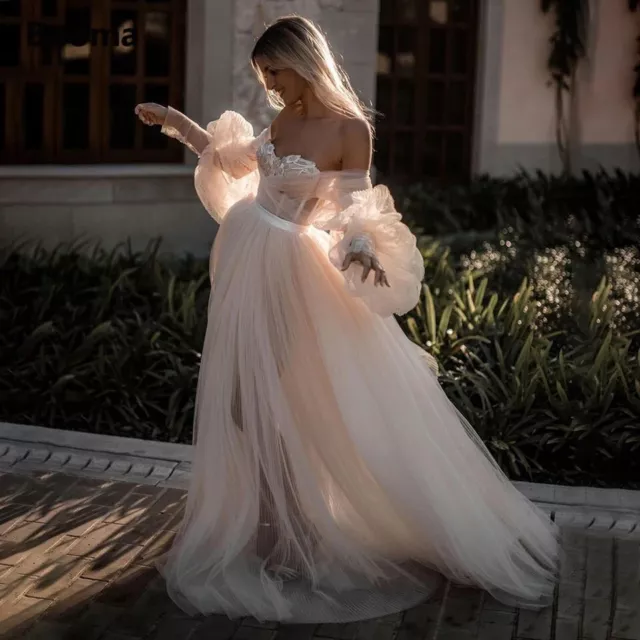 Boho A Line Strapless Beach Long puff Sleeve Tulle Bridal Gown Wedding Dress