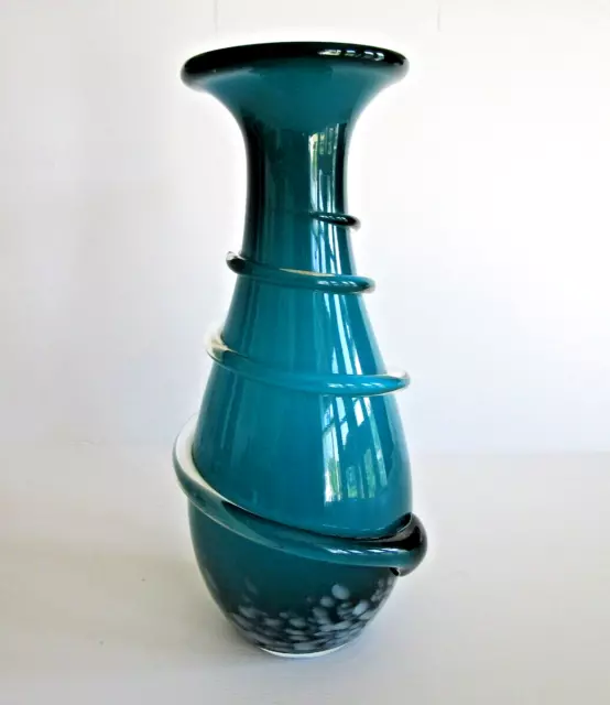 Heavy Vintage Hand Blown Aqua Swirl Cased  Art Glass Vase 30 cm