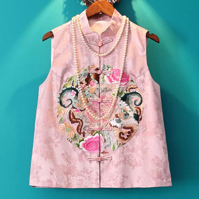 Women Chinese Qipao Vest Gilet Waistcoats Hanfu Tang Suit Floral Embroidery Tops