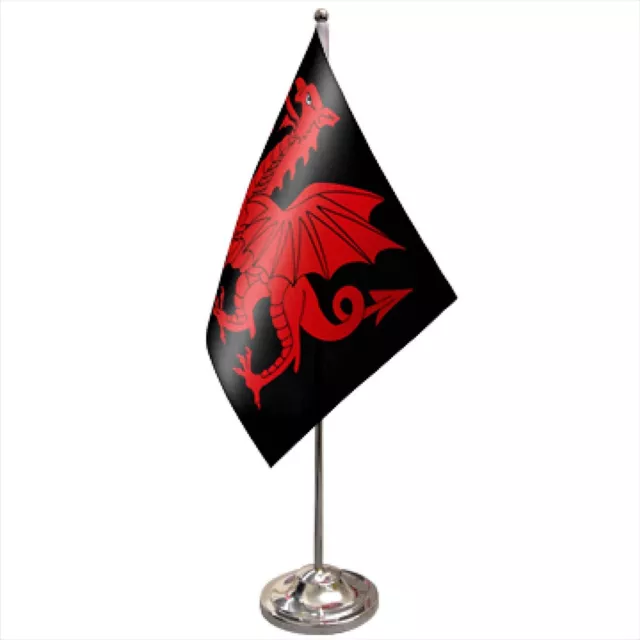 Wales Y Ddraig Ddu (Black Dragon) Satin & Chrome Premium Table Flag