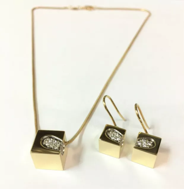 Movado 18k gold Cube Pendant Necklace/Earrings matching set with Diamonds