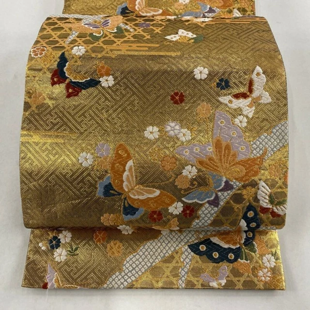 Woman Japanese Kimono Fukuro-obi Silk Butterfly Kagome Gold Thread Foil