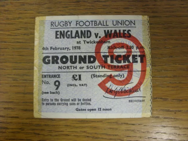 04/02/1978 Rugby Union Ticket: England v Wales [At Twickenham] (Ground Ticket, a