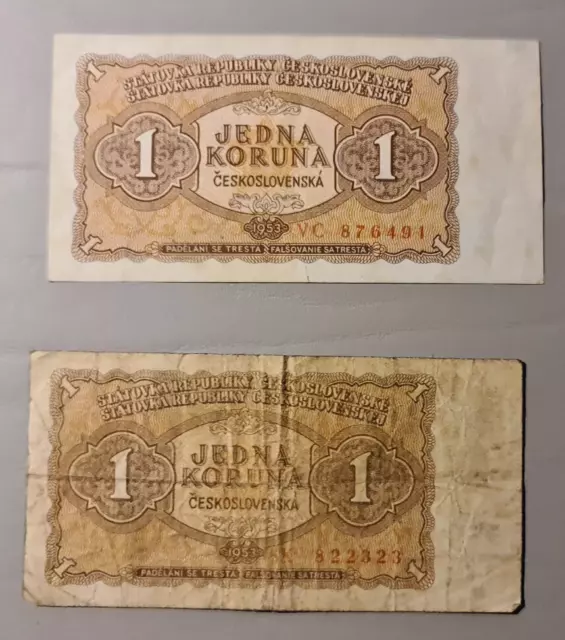 2x Czechoslovakia 1 KORUNA Banknote 1953 STC Praha