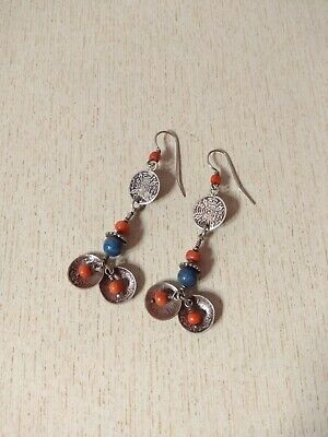 Moroccan Silver Berber Earrings, with Coins and Old Coral and Natural Lapis lazu